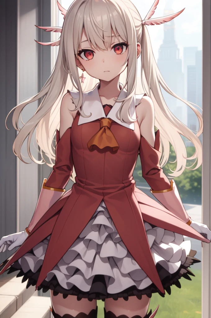 illyasvielvoneinzbern, Ilyasfir von Einzbern, blonde hair, hair between eyes, long hair, (red eyes:1.5),
break boots, removed sleeve, earrings, feather hair ornaments, feather, gloves, hair ornaments, jewelry, layered skirt, long sleeve, Magical girl, miniskirt, pink shoes, pink shirt, pink sleeves, pleated skirt, shirt, skirt, No sleeve, No sleeve shirt, staff, thigh boots, Thighhighs, wall, white feather, white gloves, white skirt, zettai ryouiki,
break outdoors, city, null, cloud, sun,
break looking at viewer, (cowboy shot:1.5),
break (masterpiece:1.2), highest quality, High resolution, ユニティ8kwall紙, (figure:0.8), (beautiful and fine eyes:1.6), highly detailed face, perfect lighting, Very detailed CG, (perfect hands, perfect anatomy),