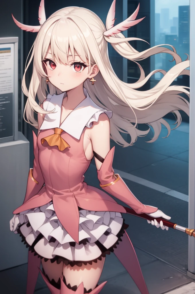 illyasvielvoneinzbern, Ilyasfir von Einzbern, blonde hair, hair between eyes, long hair, (red eyes:1.5),
break boots, removed sleeve, earrings, feather hair ornaments, feather, gloves, hair ornaments, jewelry, layered skirt, long sleeve, Magical girl, miniskirt, pink shoes, pink shirt, pink sleeves, pleated skirt, shirt, skirt, No sleeve, No sleeve shirt, staff, thigh boots, Thighhighs, wall, white feather, white gloves, white skirt, zettai ryouiki,
break outdoors, city, null, cloud, sun,
break looking at viewer, (cowboy shot:1.5),
break (masterpiece:1.2), highest quality, High resolution, ユニティ8kwall紙, (figure:0.8), (beautiful and fine eyes:1.6), highly detailed face, perfect lighting, Very detailed CG, (perfect hands, perfect anatomy),