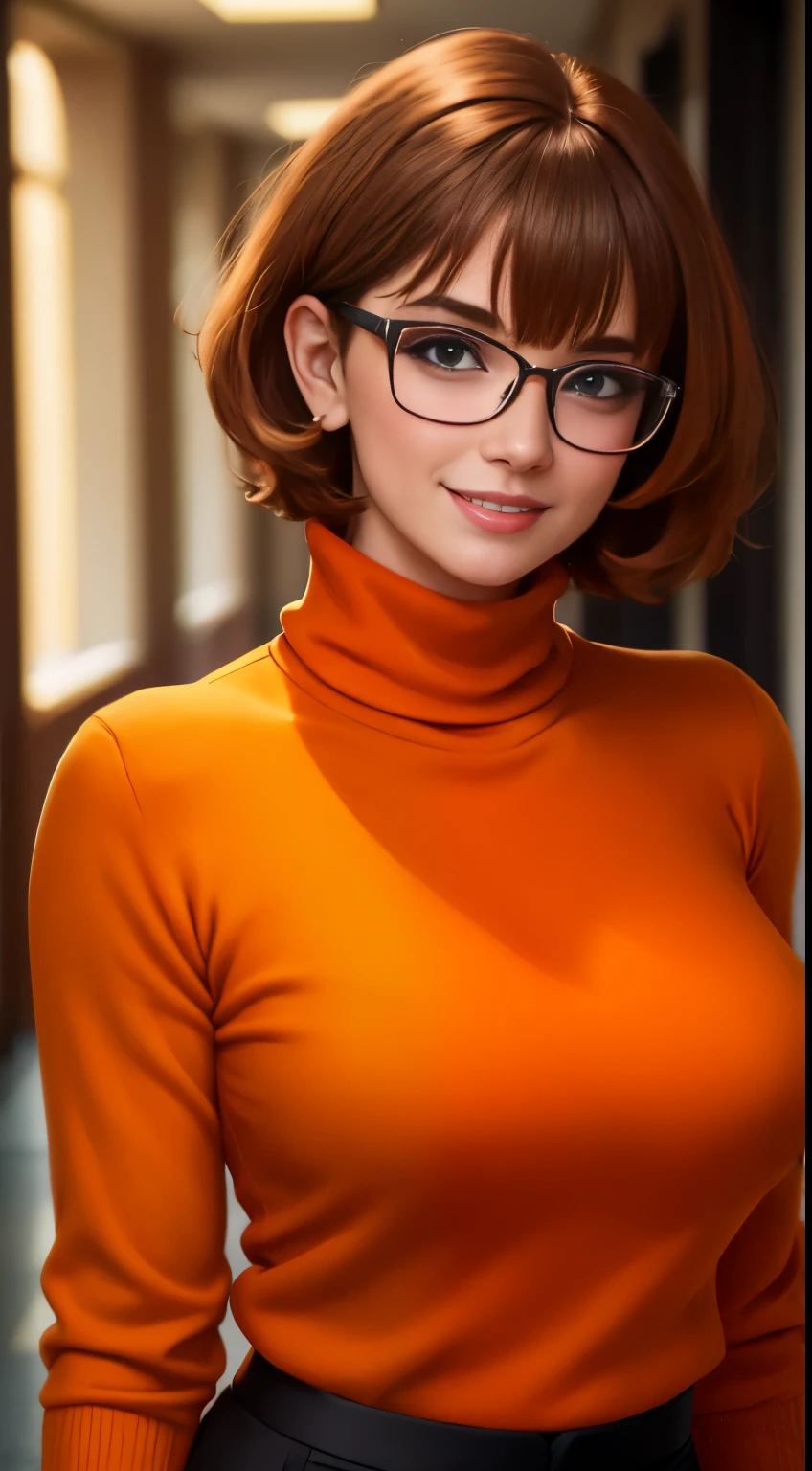 masterpiece, depth of field, photorealistic, absurdres, best quality, 8k, best quality, 1girl, female, young, portrait, perfect lighting,  cinematic lighting,  looking at viewer, velma dace dinkley, (perfect body), solo, blush, breasts, brown eyes, (dark brown hair:1.2), glasses, medium breasts, lips, looking at viewer, nose, orange shirt, (orange sweater:1.2), short hair, smile, sweater, (turtleneck:1.2), turtleneck sweater, red skirt, orange socks, (tight clothing), portrait, school, (day:1.2), school hallway, smile, depth of field, happy, magnificant glass, blue top, big , sexy look, 