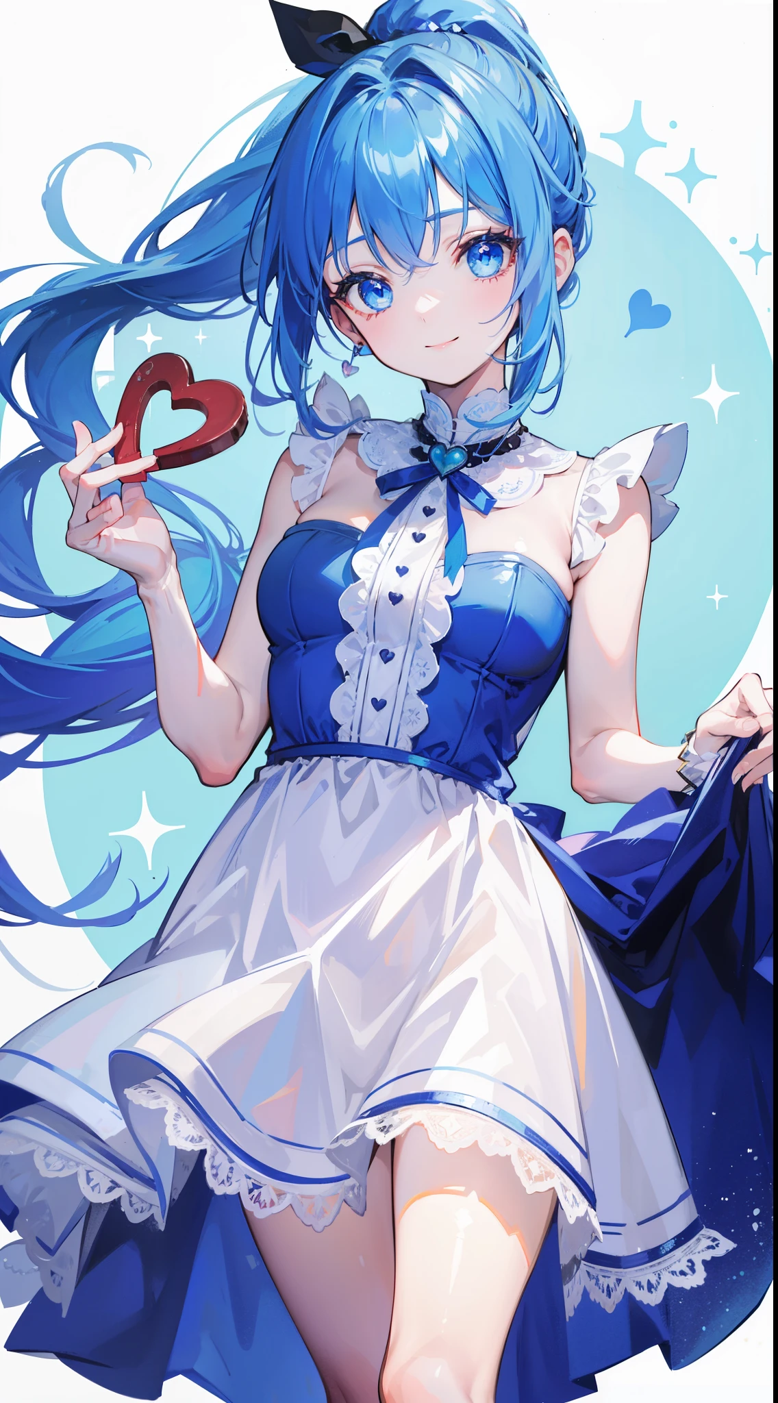 32k, heart background, beautiful girl, beautiful quality eyes, cute smile, blue cute dress, valentine, holding heart chocolate, blue hair, blue eyes, ponytail, 