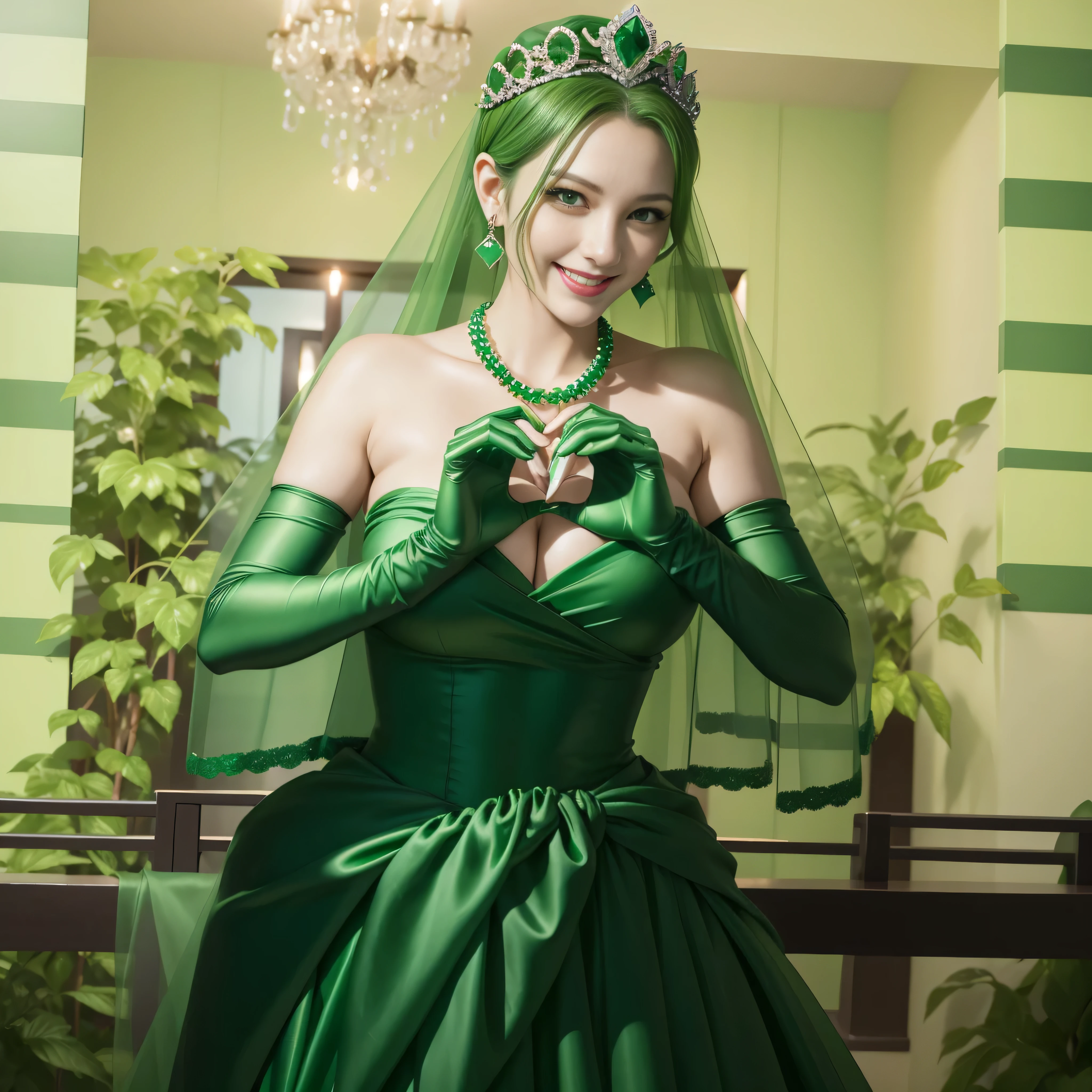 emerald tiara, Green Pearl Necklace, ボーイッシュな非常に短いgreen hair, lipstick, smiling Japanese woman, very short hair, beauty of big breasts, green eyes, green satin long gloves, green eyes, emerald earrings, Green veil, Heart with both hands, green hair, beautiful japanese woman, heart shaped hands:1.3, green lip gloss