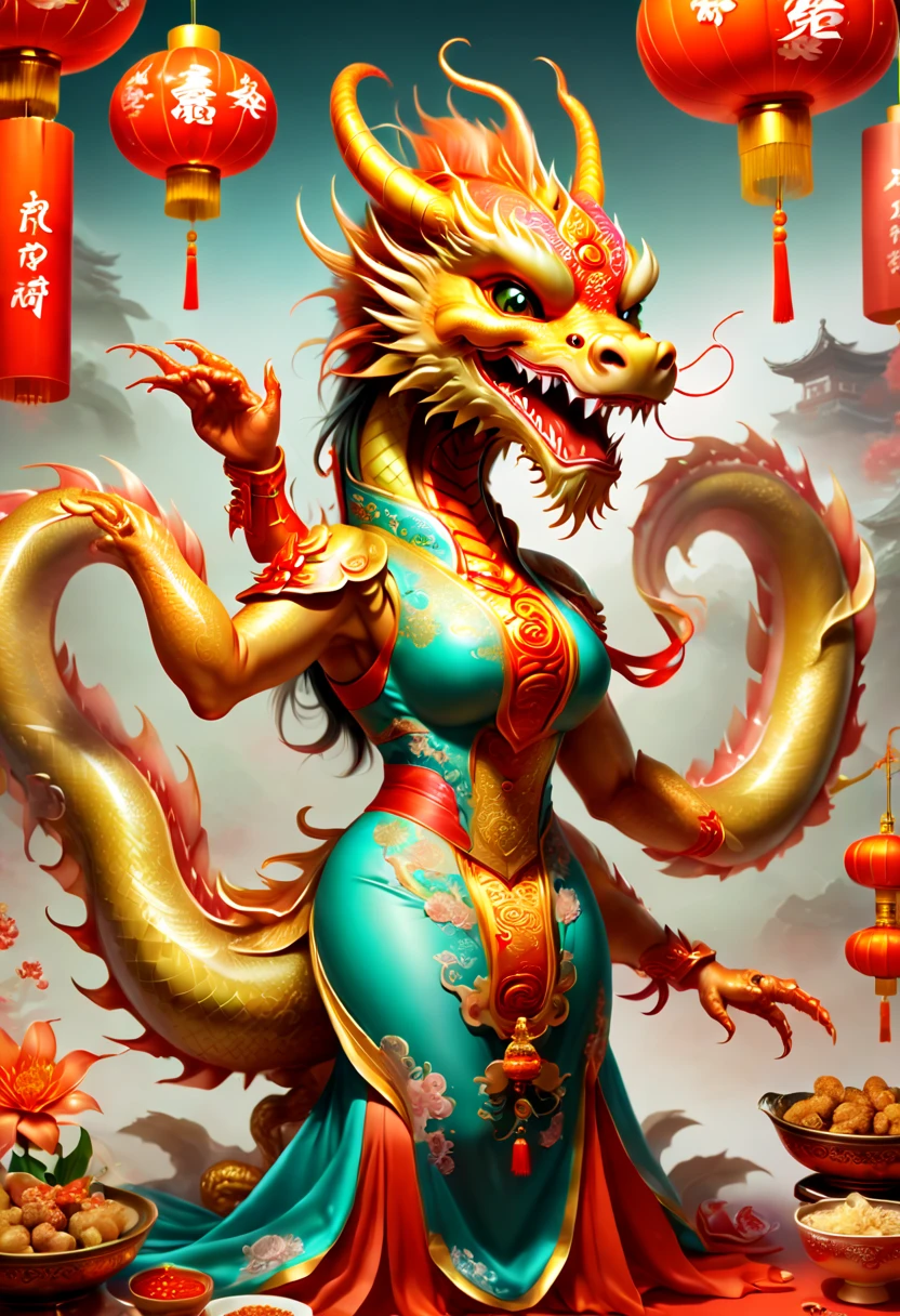 postcard, Chinese New Year 2024, dragon mascot, dress, many Chinese food, Chinese elements festive atmosphere, (best quality, masterpiece, Representative work, official art, Professional, 8k)