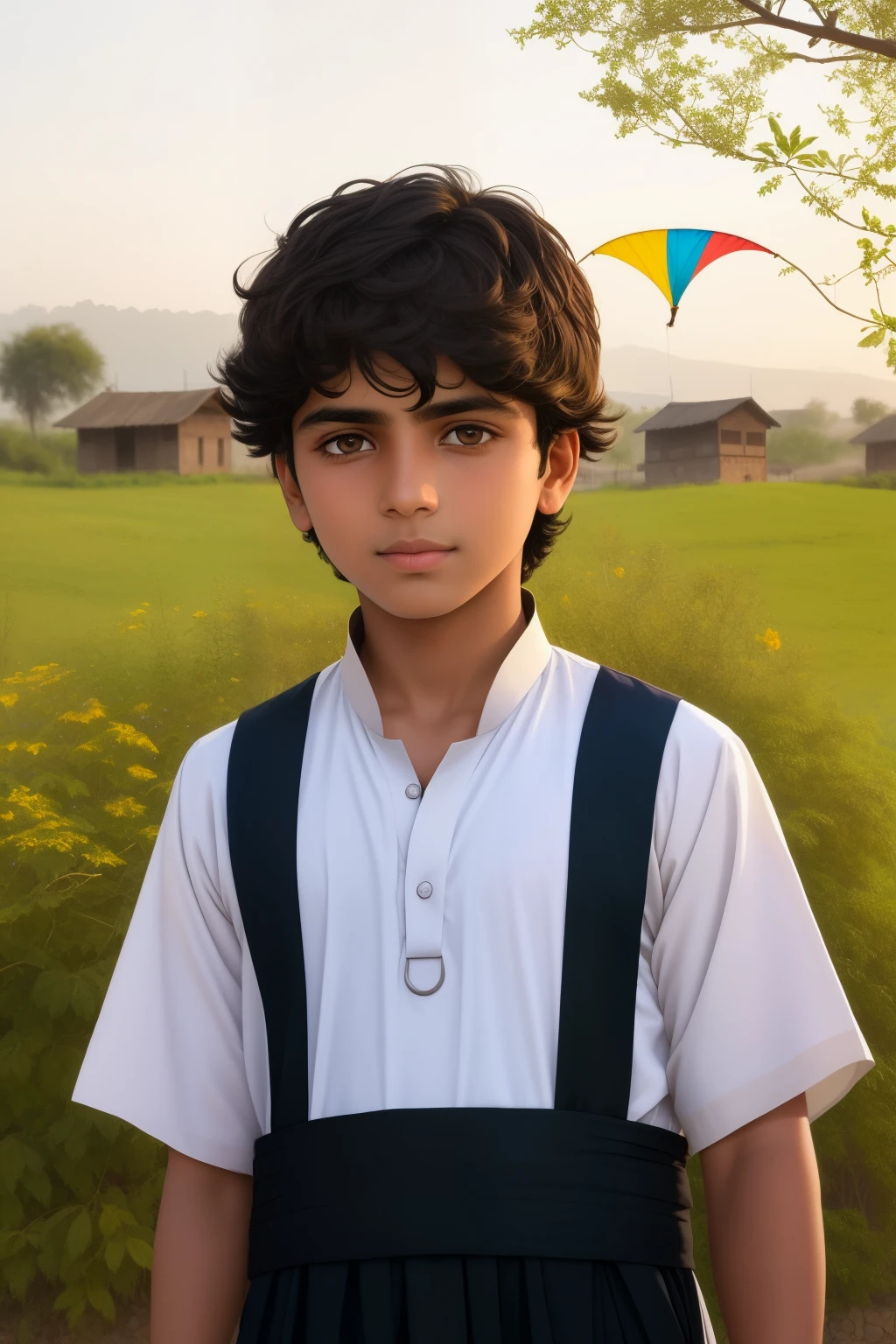 A captivating portrait of a young Pakistani boy, surrounded by the rustic charm of a traditional village setting. His expressive, dark-brown eyes convey a sense of curiosity and playfulness, framed by long, thick lashes. A warm, sun-kissed complexion enhances his natural features, while a light, tousled mop of black hair cascades over his forehead. The boy wears a traditional shalwar kameez, the vibrant colors of which perfectly complement his earthy surroundings. In his right hand, he holds a colorful kite, ready to catch the wind and take flight. The image is rendered in high definition, with rich, intricate details, ev