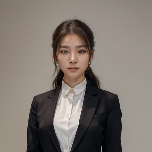 Distant shot, full body view, figure, woman, standing, wearing a black suit, curly hair and ponytail., realistic. cheng yi, beautiful korean woman, Beautiful portraits, Spectacular facial images, Amazing anime face pictures, Korean girl, high quality vertical, Delicate, beautiful face, ใบหน้าที่สวยงามrealistic, หญิงKorean girlที่สวยงาม, hyperrealistic beautiful face, cute delicate face, Picture of a cute person - clear face Look of a beautiful female executive, beautiful smile, beautiful, cool, white skin, cute, white background.