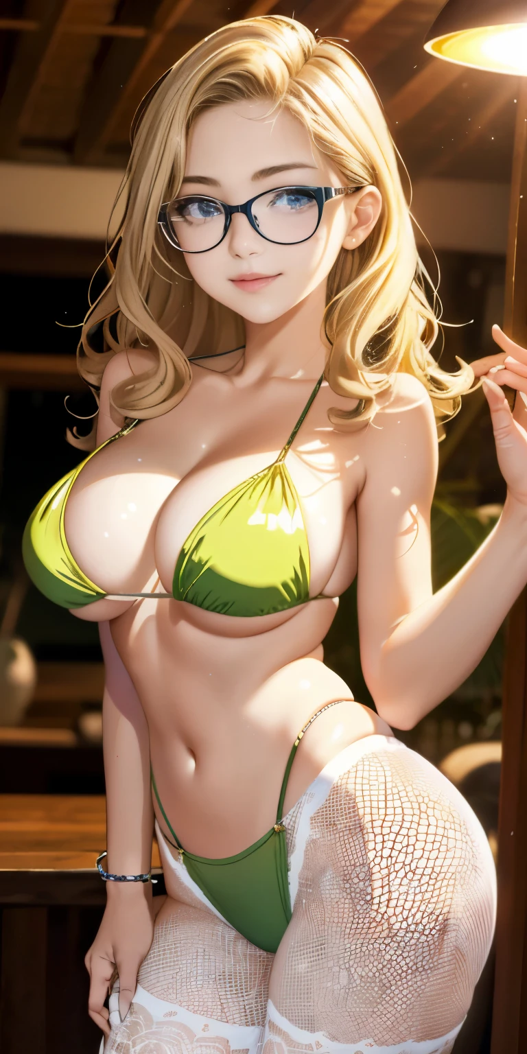 Wearing glasses((highest quality))、((masterpiece)、real skin glow、(((( girl))))、Close-up view of blonde wavy haired loser on tropical coast looking up from basement)、(Opaque Bikini)、Wearing fishnet stockings。sexy pose、My breasts have grown、sunset、slight smile、((1 Shiny skin.7))