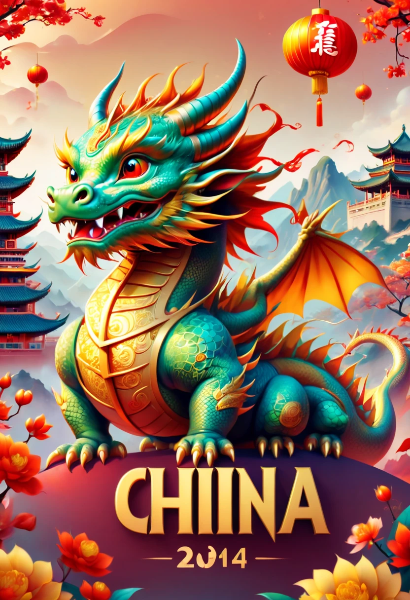 text "China", Chinese New Year "2024", dragon cub, clothes, strong festive atmosphere, many golds in air, Chinese elements background, panoramic view, Ultra high saturation, (best quality, masterpiece, Representative work, official art, Professional, 8k)