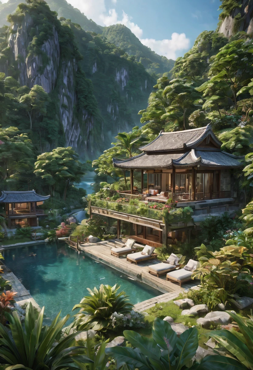 Modern luxury resort concept design.Resort/Resorts/resort.Closeup focus on high definition luxury resort.(best quality,4K,8k,high resolution,masterpiece:1.2),Super detailed,(actual,photoactual,photo-actual:1.37)It&#39;s a hidden and unique place，As if hidden in the embrace of nature。Located at the foot of the mountain、Deep in the forest or next to a lake，Isolated from the busy city and the hustle and bustle of the world。Surrounded by natural landscape，such as dense trees、Verdant meadows、Stretching mountains or sparkling lakes。People who live here can wake up in the morning to the sound of birdsong，Admire the twinkling stars at night。This place probably has a garden too，Planted with various flowers and plants，Exudes charming fragrance.Enjoy a life that is one with nature，Soak up the peace and tranquility.Reconnect with nature，Find inner peace and balance。It’s a very relaxing resort.