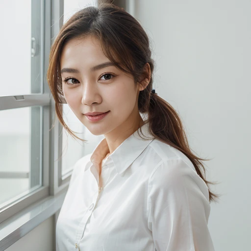 Distant shot, full body view, good figure, woman, standing, wearing a shirt, curly hair and ponytail., realistic. cheng yi, beautiful korean woman, Beautiful portraits, Spectacular facial images, Amazing anime face pictures, Korean girl, high quality vertical, Delicate, beautiful face, ใบหน้าที่สวยงามrealistic, หญิงKorean girlที่สวยงาม, hyperrealistic beautiful face, cute delicate face, Picture of a cute person - clear face Look of a beautiful female executive, beautiful smile, beautiful, cool, white skin, cute, white background, smiling.