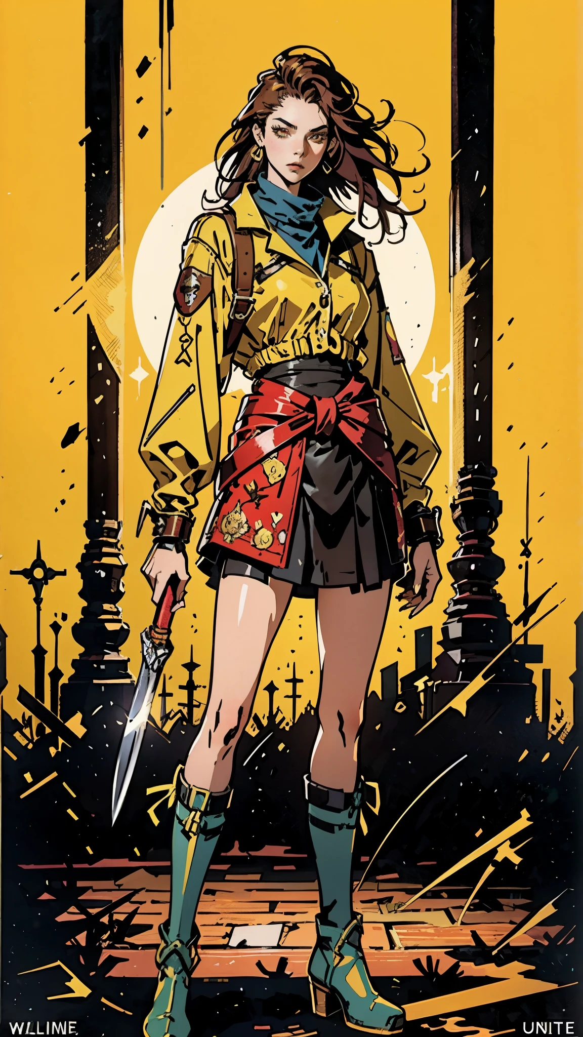 A woman with long brown hair, a determined expression on her exquisite face, a tall and muscular physique, a cropped top that exposes her waist, a yellow leather jacket with rolled-up sleeves, sturdy wooden forearm guards, two ribbons are elegantly tied around her right arm, a short skirt with a small tool pouch around her waist, a dagger is strapped to her thigh, rough cloth boots, her right hand holds a massive cleaver, standing in a fantasy-style wilderness city, this character embodies a finely crafted fantasy-style bounty hunter in anime style, exquisite and mature manga art style, high definition, best quality, highres, ultra-detailed, ultra-fine painting, extremely delicate, professional, anatomically correct, symmetrical face, extremely detailed eyes and face, high quality eyes, creativity, RAW photo, UHD, 8k, Natural light, cinematic lighting, masterpiece-anatomy-perfect, masterpiece:1.5