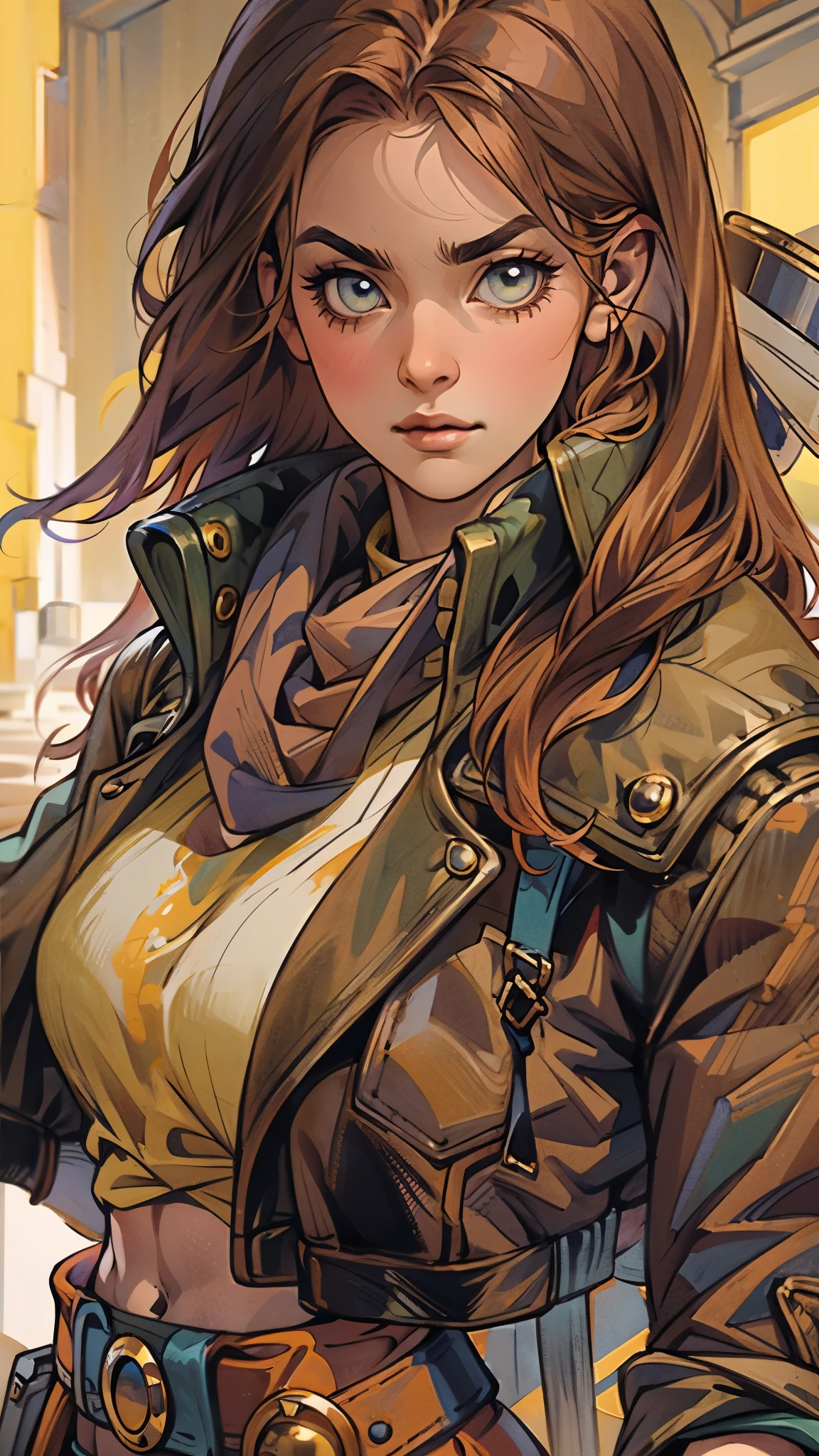 A woman with long brown hair, a determined expression on her exquisite face, a tall and muscular physique, a cropped top that exposes her waist, a yellow leather jacket with rolled-up sleeves, sturdy wooden forearm guards, two ribbons are elegantly tied around her right arm, a short skirt with a small tool pouch around her waist, a dagger is strapped to her thigh, rough cloth boots, her right hand holds a massive cleaver, standing in a fantasy-style wilderness city, this character embodies a finely crafted fantasy-style bounty hunter in anime style, exquisite and mature manga art style, high definition, best quality, highres, ultra-detailed, ultra-fine painting, extremely delicate, professional, anatomically correct, symmetrical face, extremely detailed eyes and face, high quality eyes, creativity, RAW photo, UHD, 8k, Natural light, cinematic lighting, masterpiece-anatomy-perfect, masterpiece:1.5