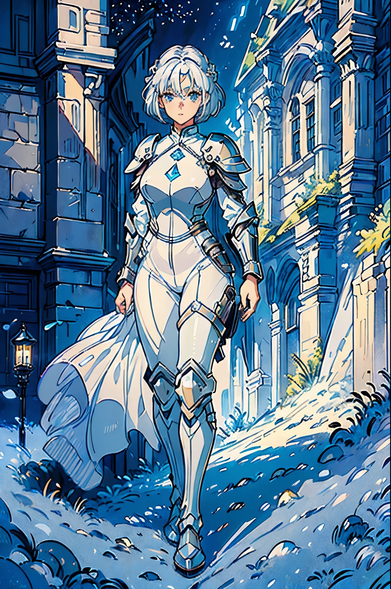 (((masterpiece))), (((best quality))), ((ultra-detailed)), (cinematic lighting), (illustration), (beautiful detailed eyes), (1girl), full body, space, knight, armour, light hair, walking, castle in distance, best quality, expressive eyes, perfect face, Girl: (20s, white hair, short hair, grey jumpsuit, blue and silver armour),
