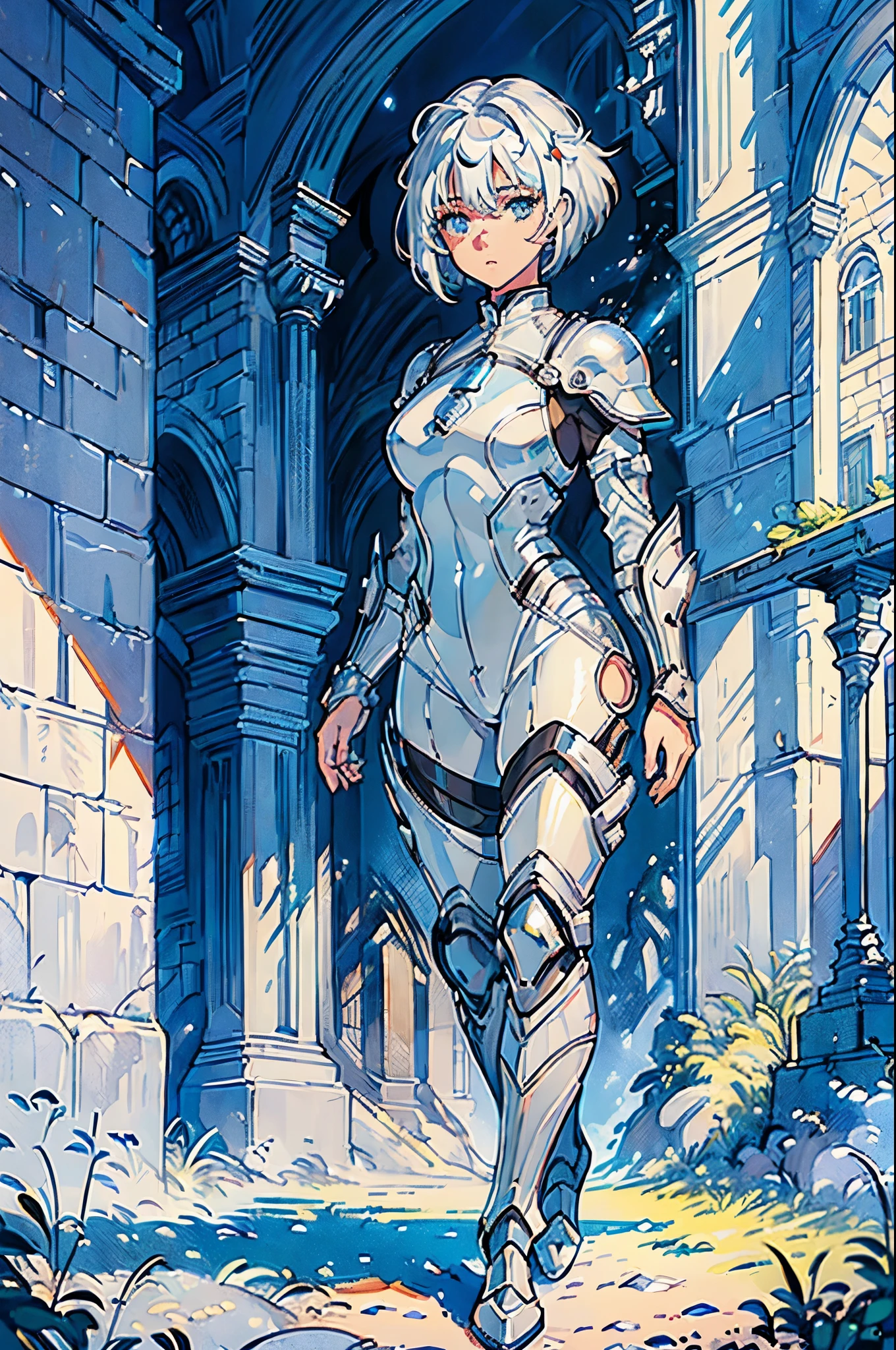 (((masterpiece))), (((best quality))), ((ultra-detailed)), (cinematic lighting), (illustration), (beautiful detailed eyes), (1girl), full body, space, knight, armour, light hair, walking, castle in distance, best quality, expressive eyes, perfect face, Girl: (20s, white hair, short hair, grey jumpsuit, blue and silver armour),