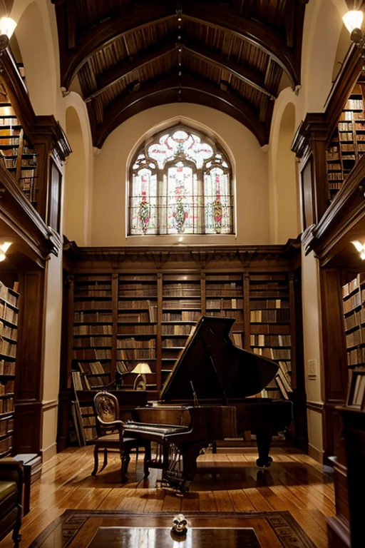 An old art noveau style library, walls filled with books. A steinway grand piano is in front of a cosy fireplace. The windows on the left show a rainy night outside.
