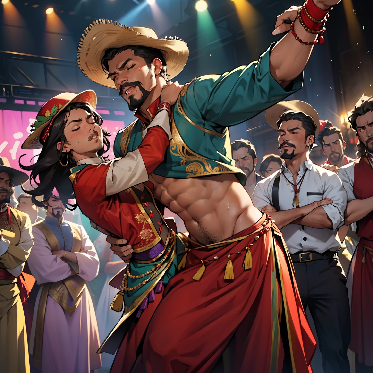 (NSFW, Male dancer in flared trousers and tight waistcoat, traditional Mexican outfit, brown skin, mustache and goatee, sweaty and passionate expression, shaking hips and moving arms seductively, eyes closed, intense focus, beads and colorful embroidery on clothing, traditional Mariachi hat on the side), (Male dancer's hand goes down to the waistline of his trousers, reaching for something hidden), (Female figure in background, dressed in red luscious dress, looking entranced and seductively at the male dancer), (Female figure with long, curly black hair, hips swaying and body moves in sync