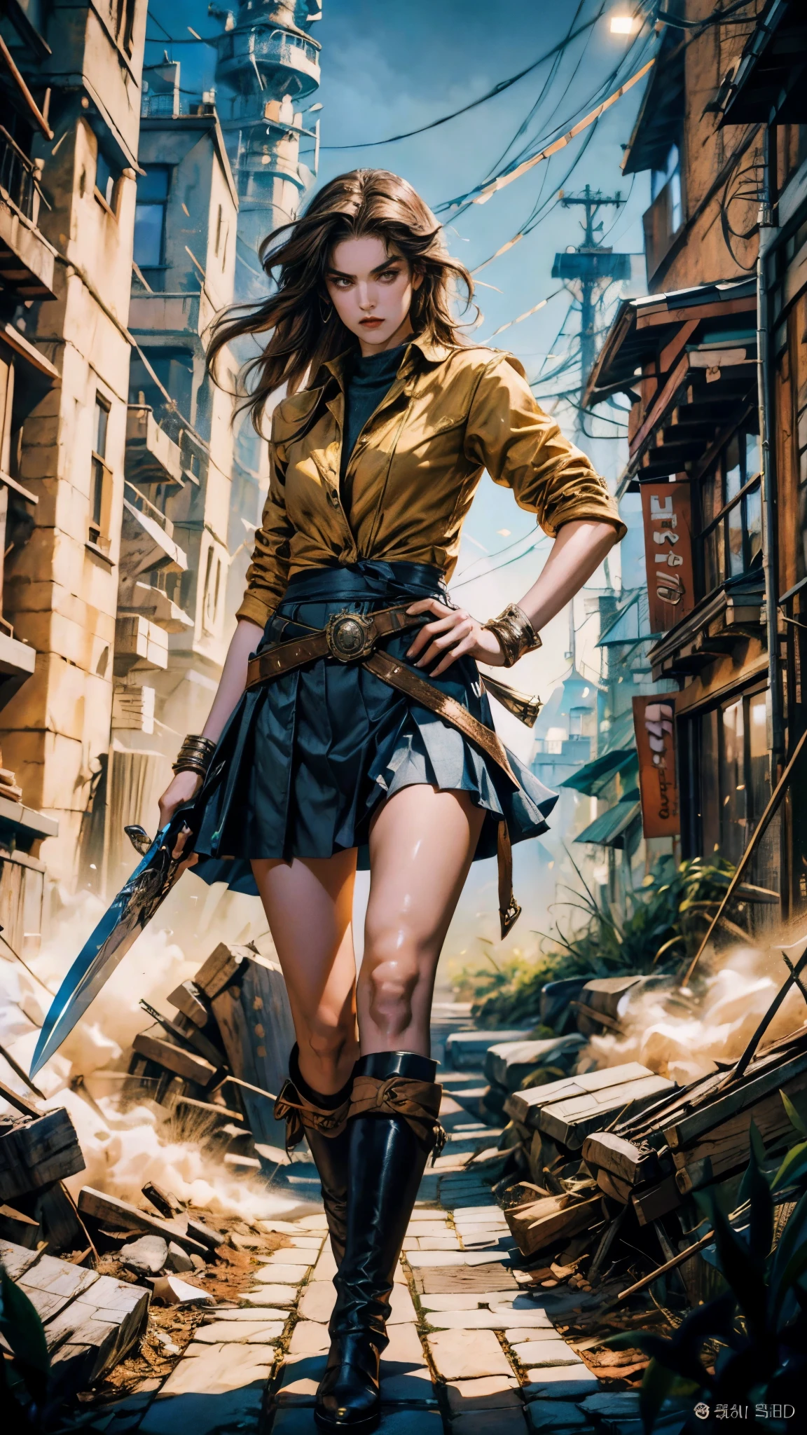 A woman with long brown hair, a determined expression on her exquisite face, a tall and muscular physique, a cropped top that exposes her waist, a yellow leather jacket with rolled-up sleeves, sturdy wooden forearm guards, two ribbons are elegantly tied around her right arm, a short skirt with a small tool pouch around her waist, a dagger is strapped to her thigh, rough cloth boots, her right hand holds a massive cleaver, standing in a fantasy-style wilderness city, this character embodies a finely crafted fantasy-style bounty hunter in anime style, exquisite and mature manga art style, high definition, best quality, highres, ultra-detailed, ultra-fine painting, extremely delicate, professional, anatomically correct, symmetrical face, extremely detailed eyes and face, high quality eyes, creativity, RAW photo, UHD, 8k, Natural light, cinematic lighting, masterpiece-anatomy-perfect, masterpiece:1.5
