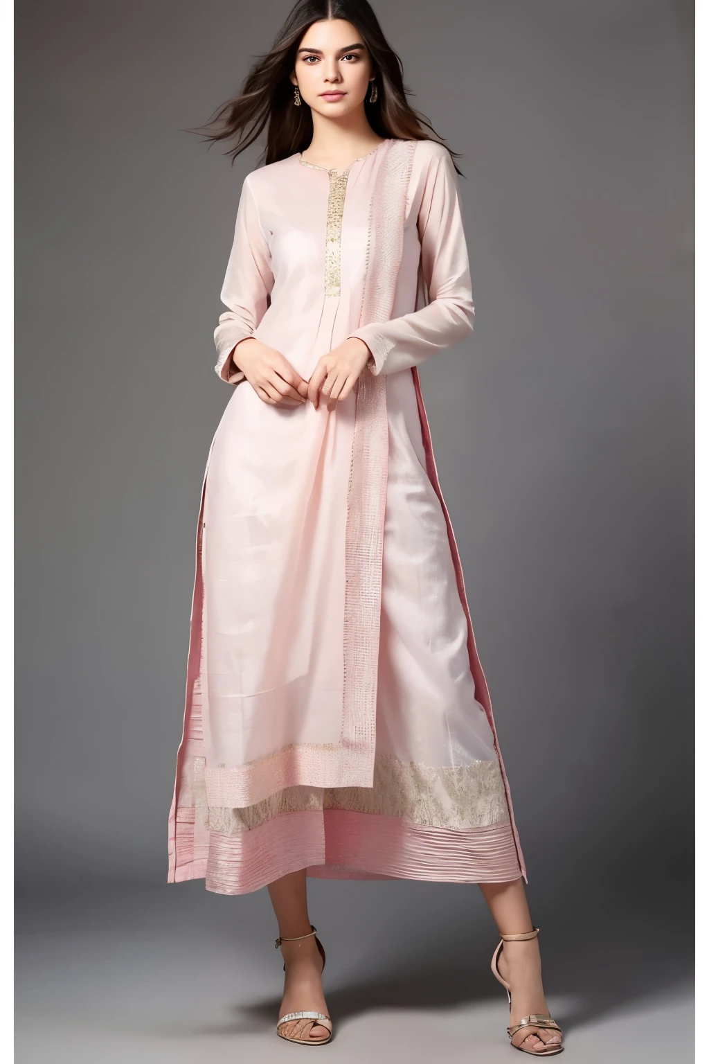 ((best quality)), ((masterpiece)), (detailed), perfect face, Kendall Jenner, wearing indian full salwar kurta, traditional salwar kurta, baby pink color dress