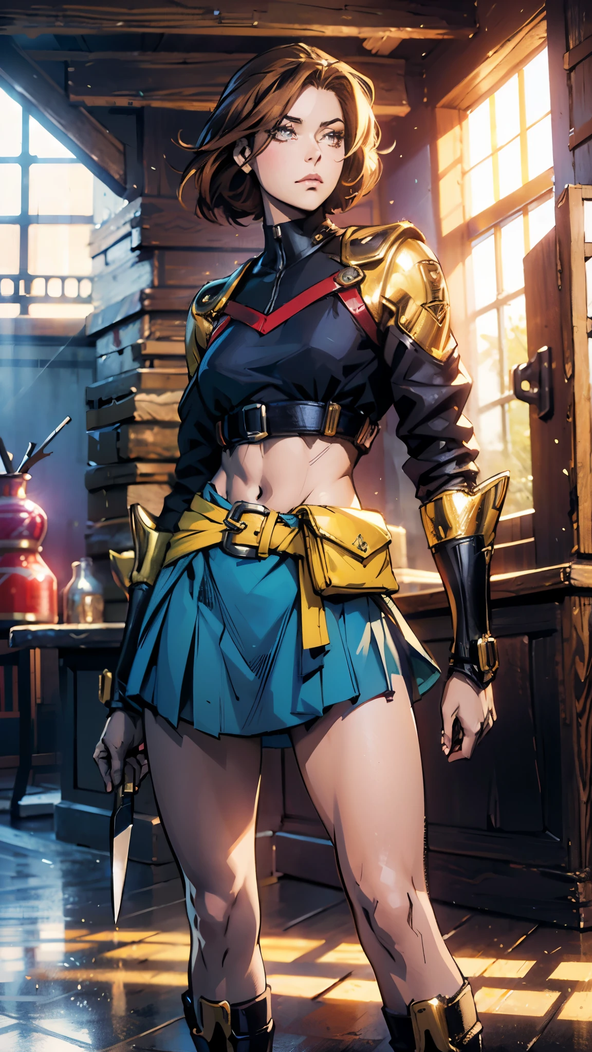 A woman with long brown hair, a determined expression on her exquisite face, a tall and muscular physique, a cropped top that exposes her waist, a yellow leather jacket with rolled-up sleeves, sturdy wooden forearm guards, two ribbons are elegantly tied around her right arm, a short skirt with a small tool pouch around her waist, a dagger is strapped to her thigh, rough cloth boots, her right hand holds a massive cleaver, standing in a fantasy-style wilderness city, this character embodies a finely crafted fantasy-style bounty hunter in anime style, exquisite and mature manga art style, high definition, best quality, highres, ultra-detailed, ultra-fine painting, extremely delicate, professional, anatomically correct, symmetrical face, extremely detailed eyes and face, high quality eyes, creativity, RAW photo, UHD, 8k, Natural light, cinematic lighting, masterpiece-anatomy-perfect, masterpiece:1.5