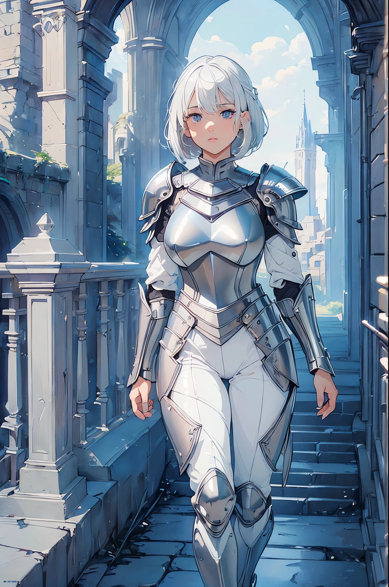 (((masterpiece))), (((best quality))), ((ultra-detailed)), (cinematic lighting), (illustration), (beautiful detailed eyes), (1girl), full body, space, knight, armour, light hair, walking, castle in distance, best quality, expressive eyes, perfect face, Girl: (20s, white hair, short hair, grey jumpsuit, blue and silver armour),