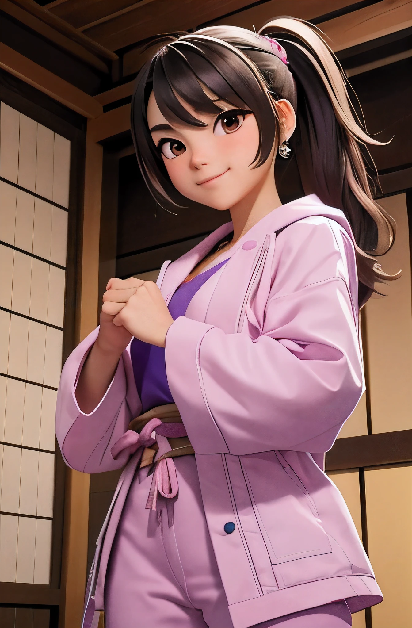 a beautiful white japanese girl com 19 years old, com, Lindos olhos castanhos, relaxed smile, Magro, um pouco pequeno, light pink jacket com light purple details, penas roxas claras, com a katana, in a dojo, em uma pose de luta, estilo de desenho animado