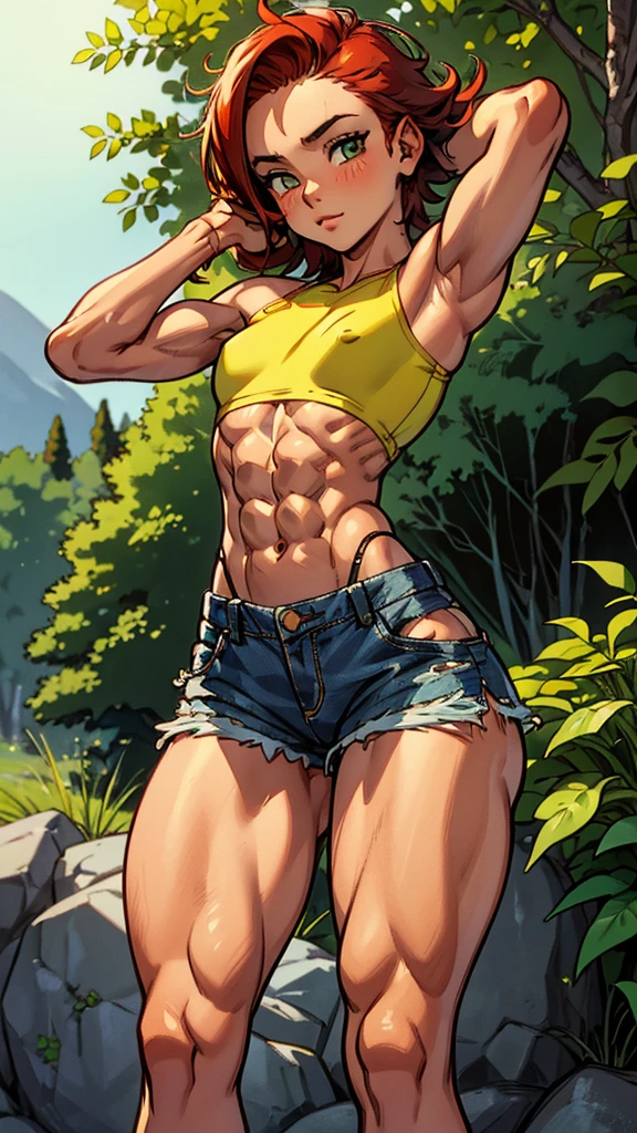 cute girl. shy pose. sexy body shape. topless. mini skirt jeans. on her daily life outdoor activity. Very beautiful girl. strong arms, muscular thighs, ripped muscles, six pack abs, muscle arms, muscular, flat chest, Caucasian, tomboy, slender, short messy fiery red hair, green eyes