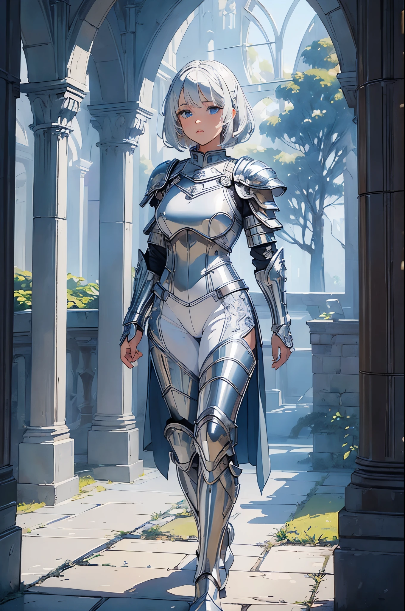 (((masterpiece))), (((best quality))), ((ultra-detailed)), (cinematic lighting), (illustration), (beautiful detailed eyes), (1girl), full body, space, knight, armour, light hair, walking, castle in distance, best quality, expressive eyes, perfect face, Girl: (20s, white hair, short hair, grey jumpsuit, blue and silver armour),