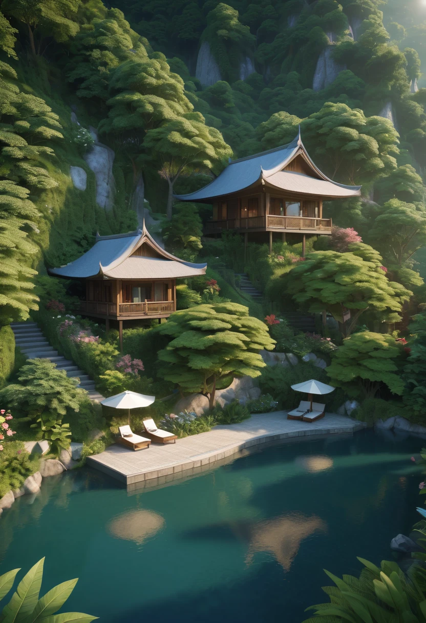 Modern luxury resort concept design.Resort/Resorts/resort.Closeup focus on high definition luxury resort.(best quality,4K,8k,high resolution,masterpiece:1.2),Super detailed,(actual,photoactual,photo-actual:1.37)It&#39;s a hidden and unique place，As if hidden in the embrace of nature。Located at the foot of the mountain、Deep in the forest or next to a lake，Isolated from the busy city and the hustle and bustle of the world。Surrounded by natural landscape，such as dense trees、Verdant meadows、Stretching mountains or sparkling lakes。People who live here can wake up in the morning to the sound of birdsong，Admire the twinkling stars at night。This place probably has a garden too，Planted with various flowers and plants，Exudes charming fragrance.Enjoy a life that is one with nature，Soak up the peace and tranquility.Reconnect with nature，Find inner peace and balance。It’s a very relaxing resort.