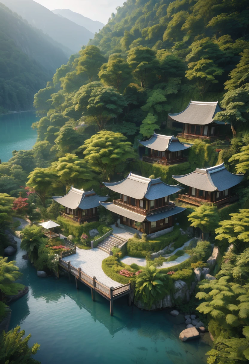 Modern luxury resort concept design.Resort/Resorts/resort.Closeup focus on high definition luxury resort.(best quality,4K,8k,high resolution,masterpiece:1.2),Super detailed,(actual,photoactual,photo-actual:1.37)It&#39;s a hidden and unique place，As if hidden in the embrace of nature。Located at the foot of the mountain、Deep in the forest or next to a lake，Isolated from the busy city and the hustle and bustle of the world。Surrounded by natural landscape，such as dense trees、Verdant meadows、Stretching mountains or sparkling lakes。People who live here can wake up in the morning to the sound of birdsong，Admire the twinkling stars at night。This place probably has a garden too，Planted with various flowers and plants，Exudes charming fragrance.Enjoy a life that is one with nature，Soak up the peace and tranquility.Reconnect with nature，Find inner peace and balance。It’s a very relaxing resort.