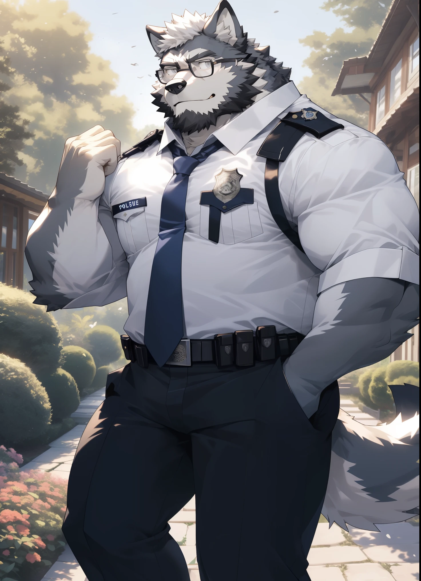 hairy，（Wolf，Black-rimmed glasses，white shirt，tie，Long-sleeved police uniform，），beard，white fur，male，Common，full body picture， dynamic poses，smirk，garden，detailed background，极其lifelike阴影，masterpiece，Very detailed，lifelike