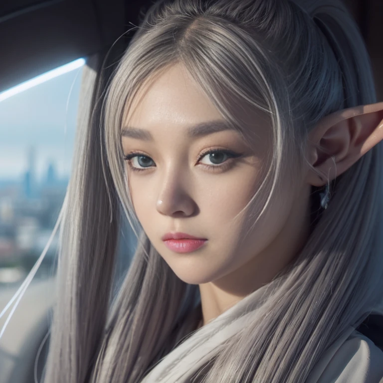 An elf girl,Double ponytail gray hair、white robe and skirt、black leggings、Brown boots,green eyes,parted bangs,thick eyebrows,beautiful character design, official art,Extremely detailed CG unification, perfect lighting,rich and colorful, (the best_quality:1.0), 超high resolution,Super detailed, high resolution, lens flare, (beautiful_Face:1.5),the bestquality, wizard wand,Medieval cityscape