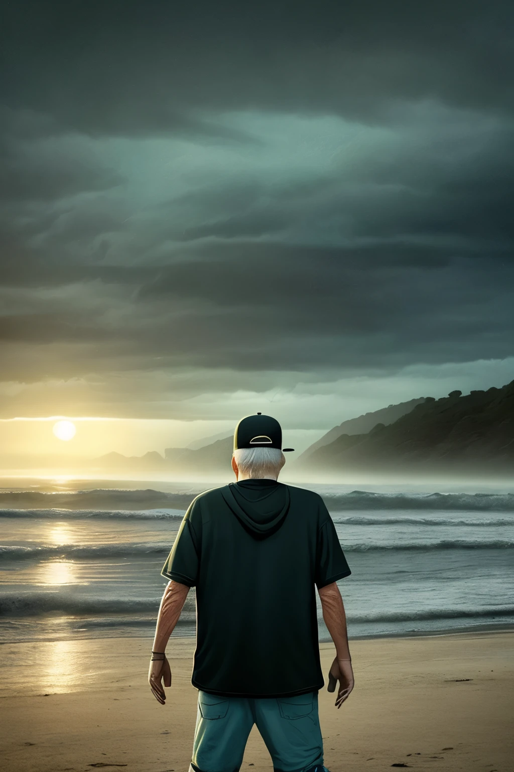 **dark illustration, ambiente futurista, distopico, a 60-year-old man with a black baseball cap, pelado, con barba corta, lentes de leer, caminando de cuerpo entero, toward to the camera, en la arena de la playa, vestido de ropa de verano, ((carrying an acoustic guitar)), sea fog, al atardecer, realista, High Definition, cuerpo perfecto, manos perfectas, detalles intrincados, 32K-sq-m**

This dark illustration depicts a futuristic,