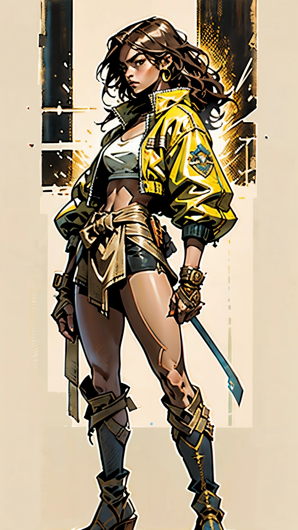 A woman with long brown hair, a determined expression on her exquisite face, a tall and muscular physique, a cropped top that exposes her waist, a yellow leather jacket with rolled-up sleeves, sturdy wooden forearm guards, two ribbons are elegantly tied around her right arm, a short skirt with a small tool pouch around her waist, a dagger is strapped to her thigh, rough cloth boots, her right hand holds a massive cleaver, standing in a fantasy-style wilderness city, this character embodies a finely crafted fantasy-style bounty hunter in anime style, exquisite and mature manga art style, high definition, best quality, highres, ultra-detailed, ultra-fine painting, extremely delicate, professional, anatomically correct, symmetrical face, extremely detailed eyes and face, high quality eyes, creativity, RAW photo, UHD, 8k, Natural light, cinematic lighting, masterpiece-anatomy-perfect, masterpiece:1.5