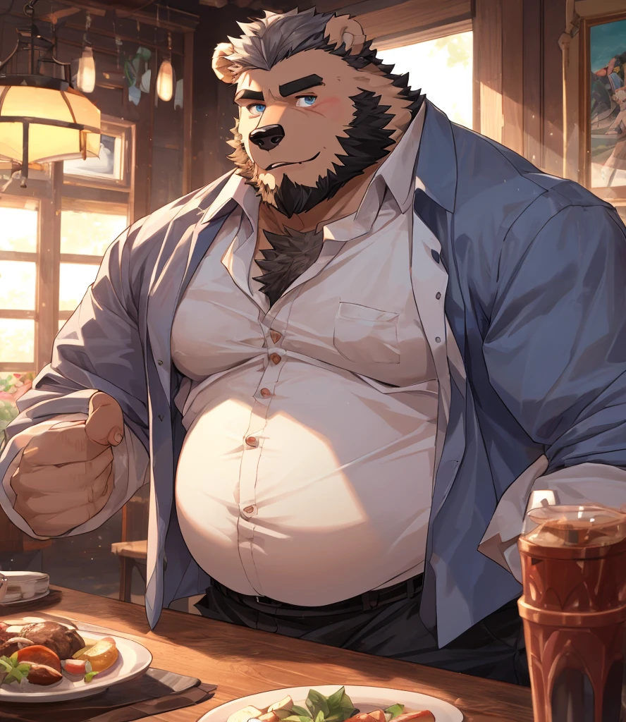 chubby, fat, middle-aged male, 人类Bear, bushy beard, flirt , Big breasts, dynamic light, open shirt, thick shirt ,gray hair and beard, very sexy, dad picture, hot daddy, boss, human nature(Bear),furry,Bear兽人,full,Fat body,Super detailed face, (delicae eyes),naked,motion blur,(best quality),(masterpiece),high detail,high quality,Award winning high resolution HD 16k yes(Close-up 1x5)