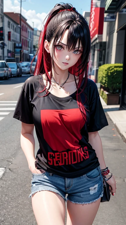 Hot goth girl wearing a red hot chili peppers t-shirt