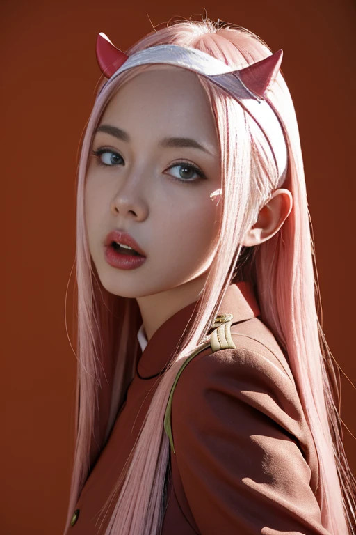zero two \(darling in the franxx\), 1girl, horns, pink hair, solo, long hair, hairband, white hairband, uniform, candy, military, military uniform, green eyes, looking at viewer, food, aqua eyes, red dress, lollipop, eyebrows visible through hair, pilot suit, tongue, medium breasts, dress, tongue out, breasts