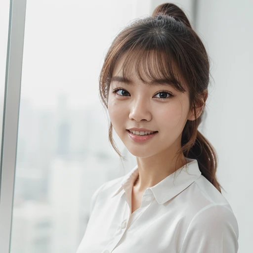 Distant shot, distant view, beautiful figure, woman, standing, wearing a shirt, curly hair and ponytail., realistic. cheng yi, beautiful korean woman, Beautiful portraits, Spectacular facial images, Amazing anime face pictures, Korean girl, high quality vertical, Delicate, beautiful face, ใบหน้าที่สวยงามrealistic, หญิงKorean girlที่สวยงาม, hyperrealistic beautiful face, cute delicate face, Picture of a cute person - clear face Look of a beautiful female executive, beautiful smile, beautiful, cool, white skin, cute, white background, smile showing teeth, no sun, taken in a studio.
