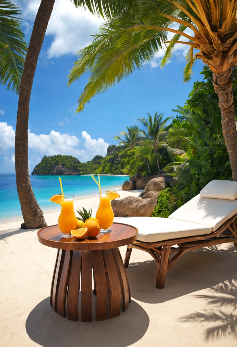 There are long leisure chairs under the palm trees and a small table for fruit juice.(close up) World-Class Outdoor Scenarios Resort Vista Is an Actual Masterpiece of Stunning Beaches, Master top quality, Best Quality Ultra HD Anatomically Correct