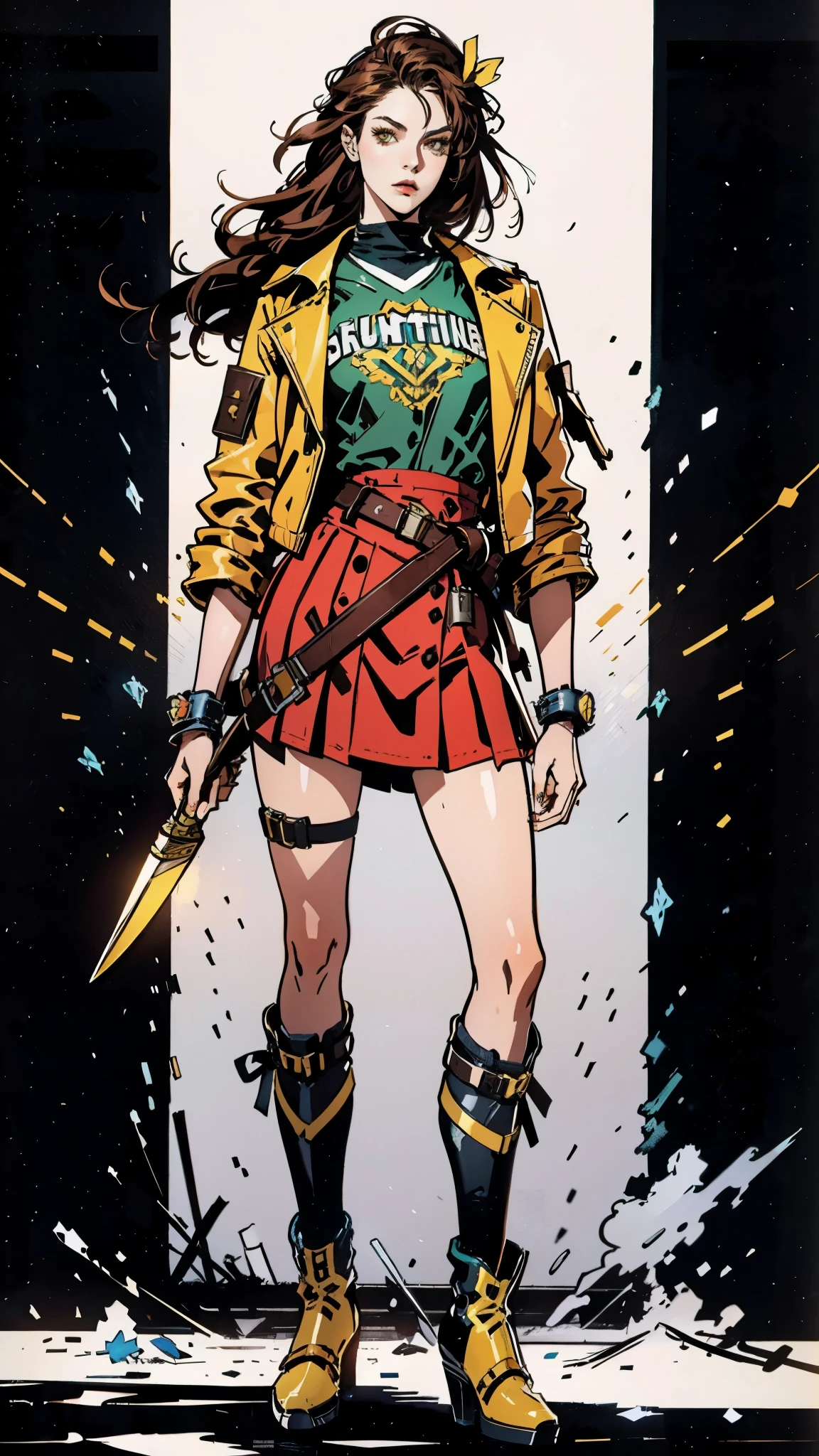 A woman with long brown hair, a determined expression on her exquisite face, a tall and muscular physique, a cropped top that exposes her waist, a yellow leather jacket with rolled-up sleeves, sturdy wooden forearm guards, two ribbons are elegantly tied around her right arm, a short skirt with a small tool pouch around her waist, a dagger is strapped to her thigh, rough cloth boots, her right hand holds a massive cleaver, standing in a fantasy-style wilderness city, this character embodies a finely crafted fantasy-style bounty hunter in anime style, exquisite and mature manga art style, high definition, best quality, highres, ultra-detailed, ultra-fine painting, extremely delicate, professional, anatomically correct, symmetrical face, extremely detailed eyes and face, high quality eyes, creativity, RAW photo, UHD, 8k, Natural light, cinematic lighting, masterpiece-anatomy-perfect, masterpiece:1.5