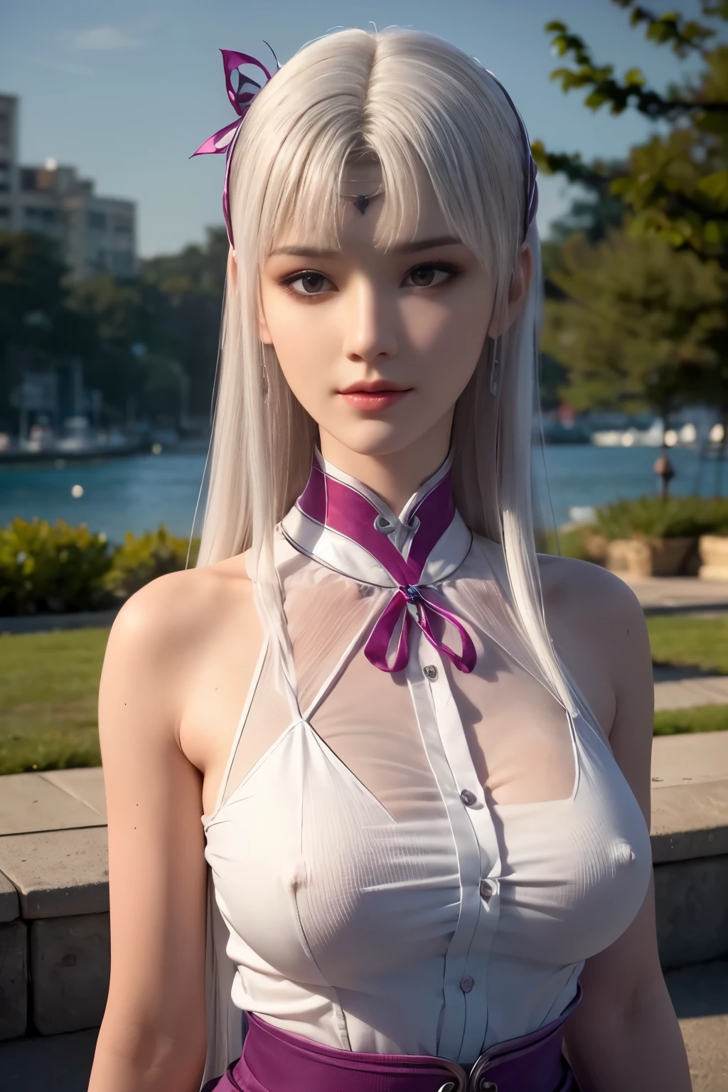 (detailed beautiful eyes and detailed face, masterpiece side light, masterpiece, best quality, detailed, high resolution illustration), (1 girl, beautiful girl, shiny skin, looking down, looking at viewer), ( Sky blue long hair, pink eyes, skirt, ribbon, button-down shirt) 45 degrees, top view, sideways, (hand detail), nipples, without clothes