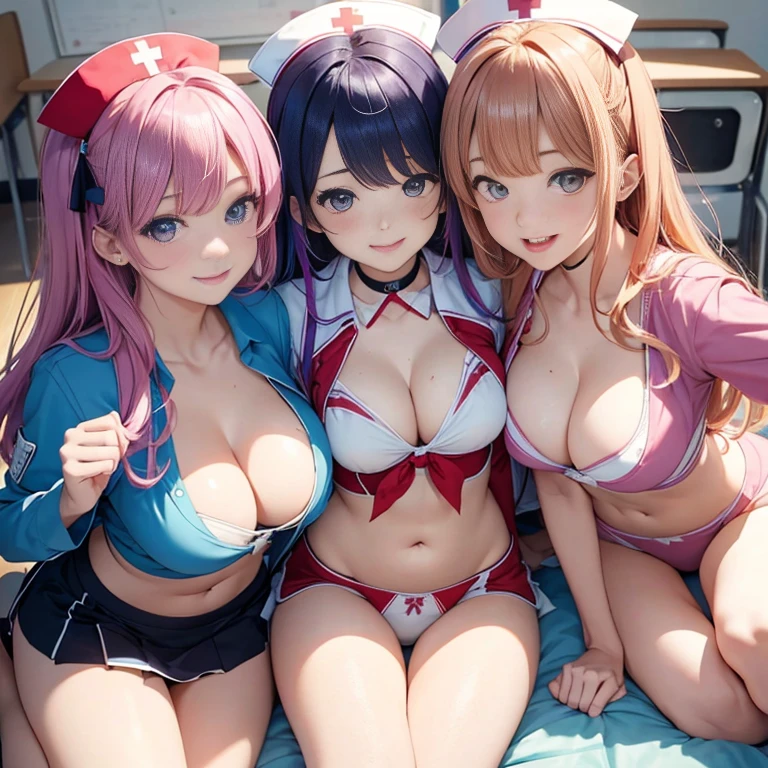 angle from above、girls sandwich、Two girls are depicted、colorful hair、beautiful girl、highest quality、embarrassing smile、beautiful girl、masterpiece、High-definition images、The belly button is visible、nurse uniform、Close-up focus on cleavage:1:4、Thigh emphasis、classroom、25 years old、super lender body shape