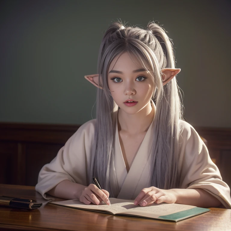 An elf girl,Double ponytail gray hair、white robe and skirt、black leggings、Brown boots,green eyes,parted bangs,thick eyebrows,beautiful Finger,beautiful character design, official art,Extremely detailed CG unification, perfect lighting,rich and colorful, (the best_quality:1.0), 超high resolution,Super detailed,  high resolution, lens flare, (beautiful_Face:1.5),on the table,the bestquality, wizard wand,Medieval cityscape