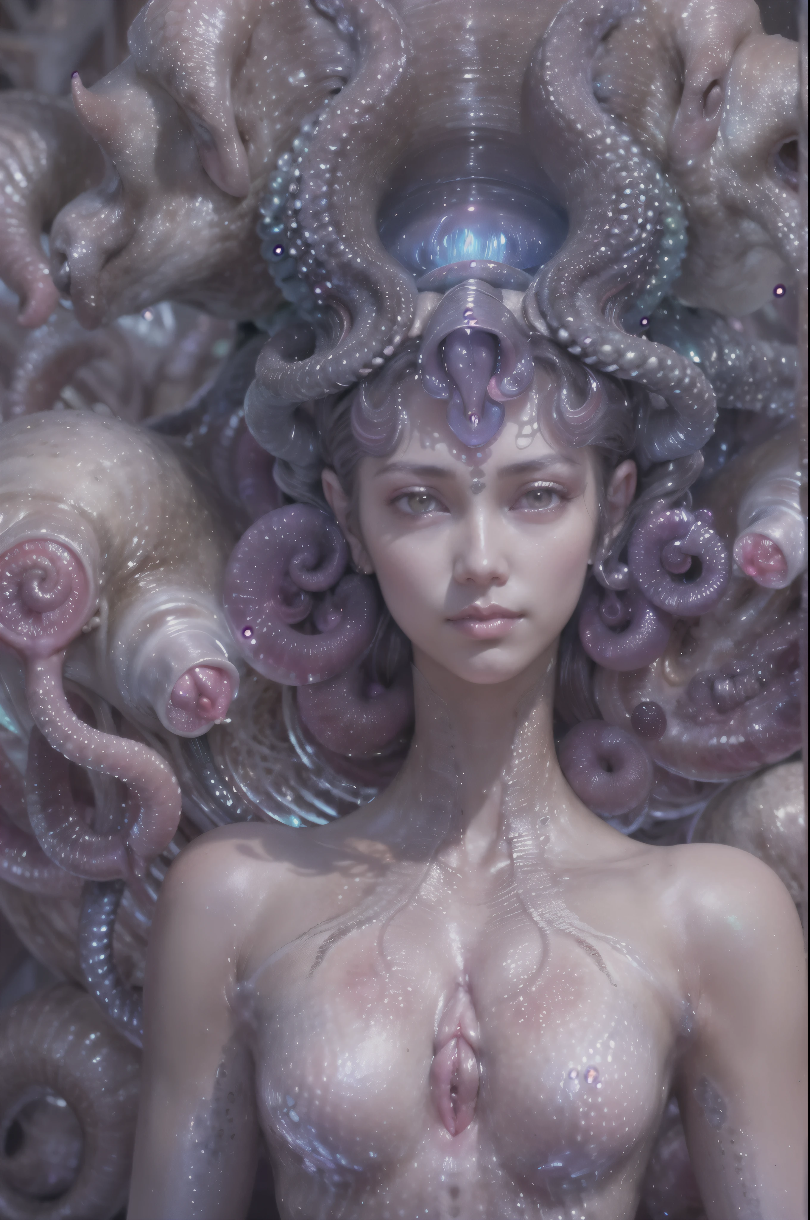 (A portrait of one beautiful and obscene female alien who is a young ager:1.4), ((There is a female genital-like organ in the middle of her forehead:1.8)), (realistic face:1.2), (Numerous award-winning masterpieces, with incredible detail, textures and maximum detail), artistic photography, midnight aura, unreal engine 5, Ultra Sharp Focus, art by Amano Yoshitaka, ArtGerm, Roisch, intricate artwork, ultra realistic realism, high resolution, High freshness, drawing faithfully, official art, Unity 8K Wall paper, ultra detailed artistic photography, dream-like, Creation of fantasy, dream Snail, (biopunk nautilus:1.3),Thrilling color schemes, seductively smiling, Amazing mutation, well-proportioned body, goddess of the deep sea, fractal, Geometric pattern, impossible figures, (translucent white tentacles with luminescent organs:1.4), subtle emerald green accents, (smiling seductively:1.3),(She has the most beautiful face in the history of the universe:1.5), Penelope Cruz, (she is looking down at viewers with glowing iridescent eyes with no pupils:1.3), an evil gaze that seduces, cinematic lighting, (Vampire-like long canine teeth can be glimpsed through the gap between the cute lips:1.3), in the hall of the palace, Sweet breath is exhaling from beautiful lips, ecstatic expression