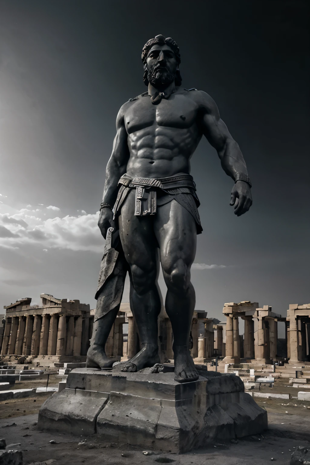 A dark landscape image of an ancient greek society deeply connected to stoicism, black and white, ancient greek architecture, include one single big statue of a stereotypical strong greek man, marcus aurelius --ar 16:9 --style G4JuqKlERum6vZGYhO9USsL"