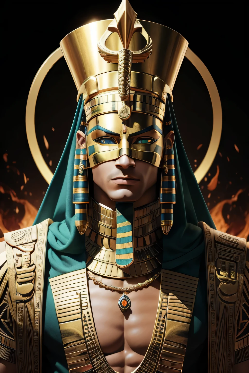 A fiery and enigmatic pharaoh figure, designs for a slots game character, a solo dangerous yet strong presence, with intricately adorned Egyptian cloth draped over his muscular frame, contrasting the arid desert backdrop, green eyes glowing with an inner mystique, cleverly masked with the hieroglyphics of ancient Egyptian mythology, not human but possessing an intensity befitting the mythical ruler of the Nile, with sharp angles and smooth lines, hyper-realistic rendering, isometric style, high contrast colors, 8k resolution, ready for the slots game arena.