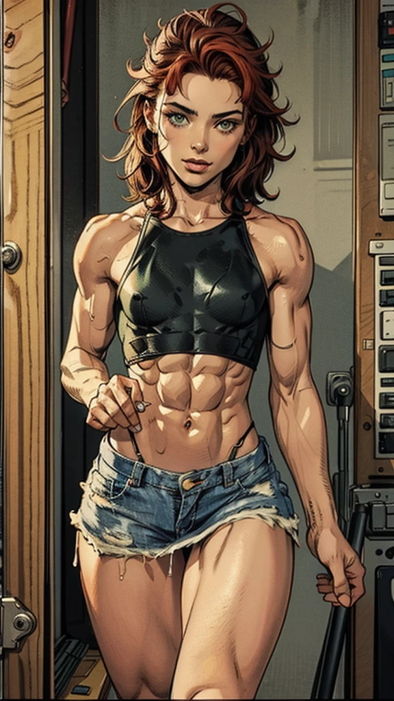 cute girl. shy pose. sexy body shape. topless. mini skirt jeans. on her daily life outdoor activity. Very beautiful 18 years old girl. strong arms, muscular thighs, ripped muscles, six pack abs, muscle arms, muscular, flat chest, Caucasian, tomboy, slender, short messy fiery red hair, green eyes