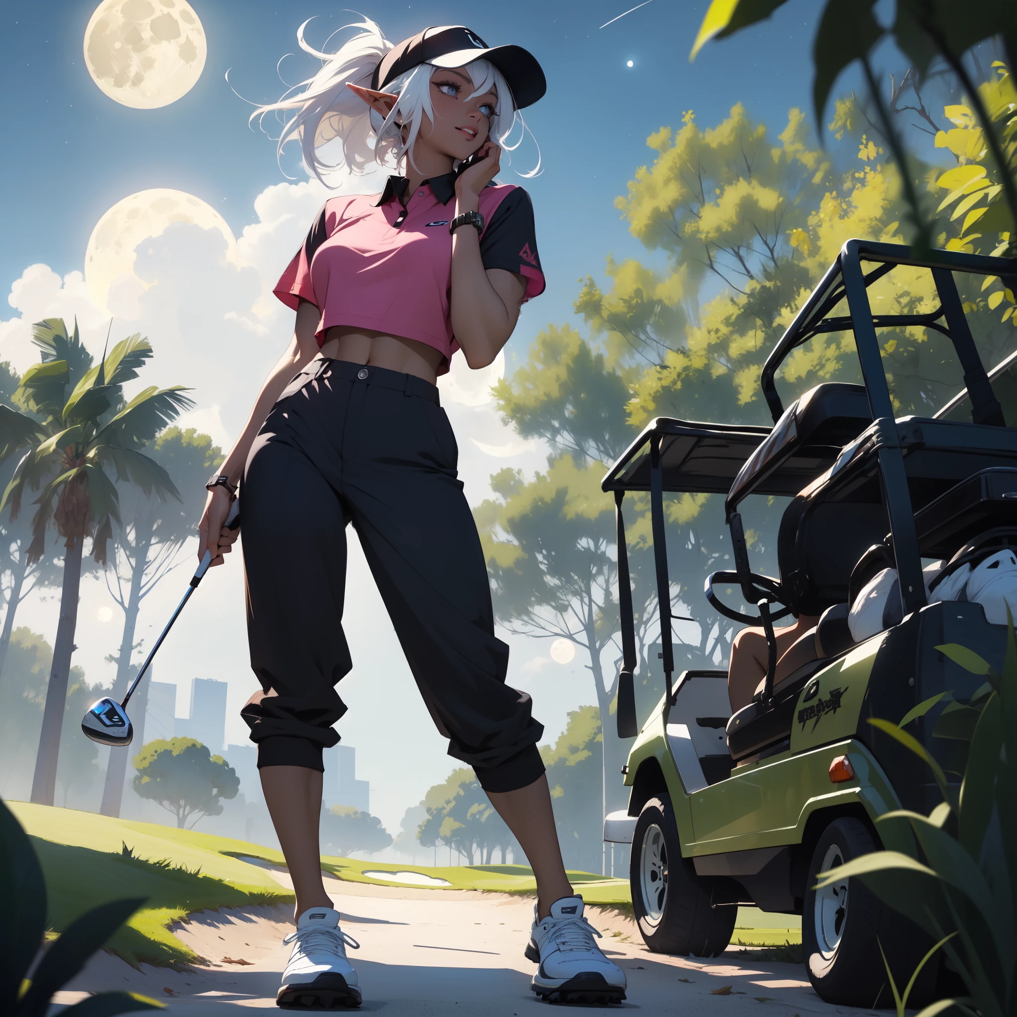 ((masterpiece)), (top quality), (best quality), ((ultra-detailed, 8k quality)), Cinematic lighting, Volumetric lighting, (detailed line art), absurdres, (best composition), (high-resolution), Aesthetics,
BREAK,
(Dark elf female), (detailed outfit), (20 years old), golfer, content, focused, (contrapposto), golf polo shirt, golf joggers pants, (golf visor cap), golf glove, golf shoes, sweat, (golf cart:1.2), atmospheric perspective,
BREAK,
(background, from front, outdoor, golf course, sand trap, trees, flag, dusk, (night sky:1.1), ((full moon:1.2))), cinematic dramatic atmosphere,
BREAK,
highly detailed of ((dark elf:1.4)), (1girl), solo, perfect face, details eye, ahoge, ponytail, (white shining hair:1.2), (forehead), medium hair, [[floating hair]], violet eyes, shining eyes, (beautiful detailed eyelashes, eyeshadow, pink eyeshadow), smiling, Concept art by Mikimoto Haruhiko, by Kawacy, By Yoshitaka Amano,
BREAK, 
((perfect anatomy)), (perfect body), Abs, (medium breast), perfect hands, perfect face, beautiful face, beautiful eyes, perfect eyes, (perfect fingers, deatailed fingers), correct anatomy, perfect legs, skinny, ((dark skin:1.2)),