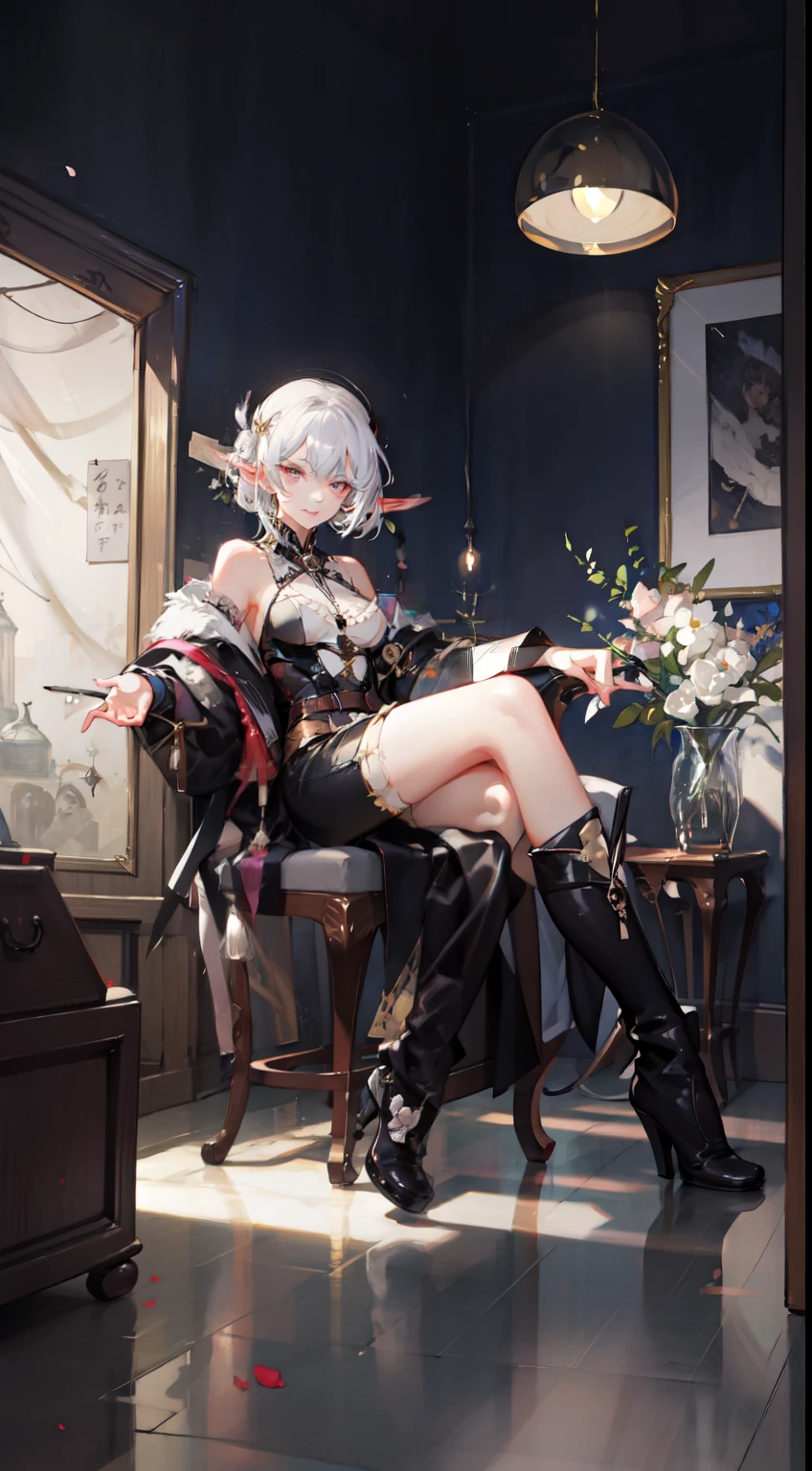 ((masterpiece, best quality)), official art, 8k wallpaper, ultra detailed,  mature dark elf girl, ((dark blue and white dress)), girl in a buble, sitting, flowers, expressionless, ((White boots)), glass texture, light transmission, spectral light, gradient translucent glass melt, caustic, transparent glass texture, high detail luminescence, (prismatic patterns on hair and clothes:1.3), ((glowing petals encircle and intertwine around her)), watercolor, watercolor style, splatter, vibrant color, art by Artgerm, by Kawacy, by Yoshitaka Amano, BREAK, highly detailed of (dark elf), (1girl), solo, perfect face, details eye, Blunt bangs, (hair between eye), white hair, violet eyes, BREAK, eyelashes, eyeshadow, pink eyeshadow, (dark skin:1.2), glaring, smile, medium breast, BREAK, extremely detailed, Dutch angle,
