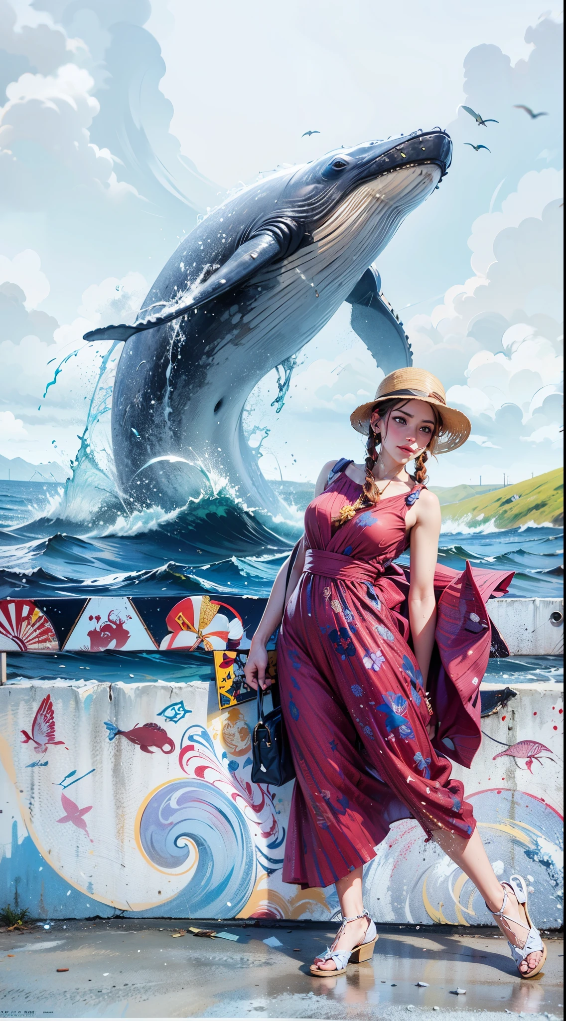 Woman,Two braids,natural lighting, right arm holds a bag,red dress, Beach Hat, (seaside bridge), humpback whale,((water spread and wind VFX effect)),(painting wall art)