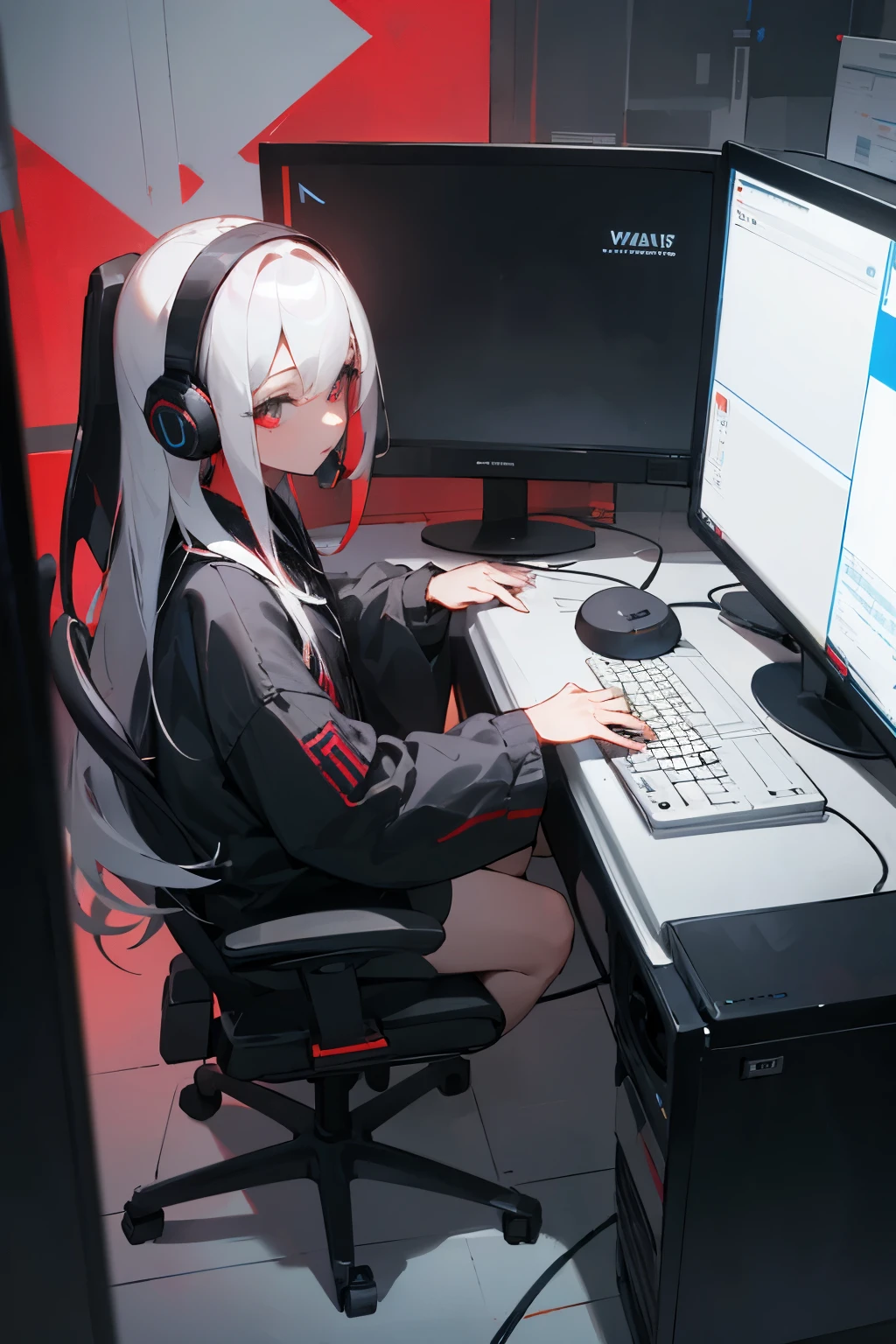 A girl playing games, an adult with white hair, playing on a gaming PC, placing her left hand on the PC keyboard、Her right hand is on the mouse. Her hair is long and straight with a red gradation. Her clothes are black. She wears one pair of headphones. The color of her headphones is black. Three-screen monitor.