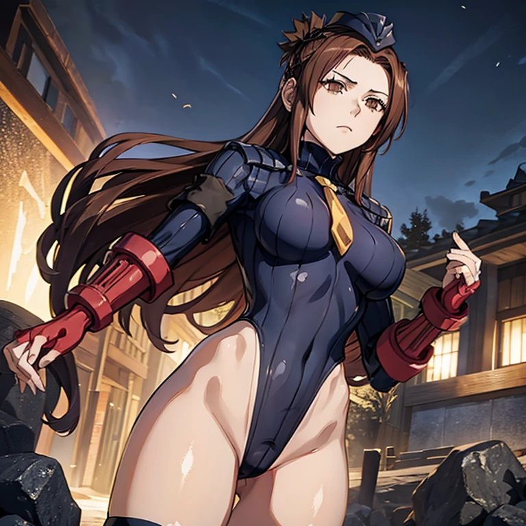 ultra-detailed, Explicit, Beautiful body, Beautiful Nose, Beautiful character design, perfect eyes, perfect face, ultra highres, 4K, beautiful legs, perfect legs, Nice hands, Perfect hand, Masterpiece, Best Quality, Highly detailed, illustration, absurdres, perfect anatomy, street fighter, doll suit, shadaloo doll, dollsuit, expressionless, blank eyes, looking at viewer, red gloves, emotionless, black latex, corrution, mind control, female combatant, full body, hypnotized, unhappy trance, full body suit, ribbed bodysuit, both arms at side, obey, perfect female body, extremely glossy latex, hypnosis, hypnoLora, empty eyes, Mind control device, poses, submissive_pose, Slave, hat, necktie, stand up straight, standing, standing at attention, hat, necktie, belt, latex, ribbed bodysuit, thighhighs, garter belt, Fighting Stance, extending the right arm from the shoulder into the air with a straightened hand, military, thigh boots, 1girl, hair ornaments, Dorothea Coyett, Fate/Samurai Remnant, brown hair, long hair, brown eyes