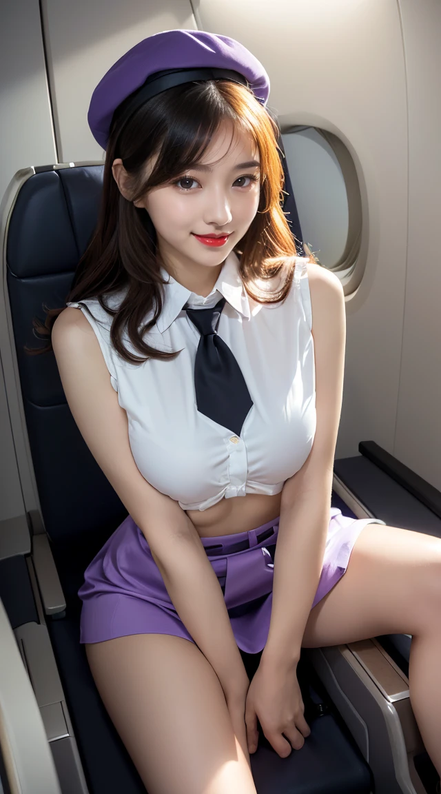 (((opened her legs apart、opened the legs apart)))、(((full body,including legs、sitting down,opened legs apart)))、(((perfect uniform of Japanese stewardess, perple uniform,necktie, purple vest-dress uniform、purple small hat, (black high-heel), little smile,white blouse,tight blouse、purple tight skirt))), white gloves, short gloves, high heel、(((transparant nipples,stands out nipples))),Dressed up、(Photo real:1.4)、(A hyper-realistic:1.4)、(Photorealistic:1.3)、 (gentle lighting: 1.05)、(Improve the lighting quality of your video:0.9)、32k、 1Girl、28years old girl、photorealistic lighting、Back lighting、Facial Lights、Ray Trace、(bright:1.2)、(Increase quality:1.4)、 (best quality real texture skin)、Fair eyes,Delicate and delicate face, Close-up of the breasts, white blouse,tight blouse,tight jump-skirt , (Bodyline mood improvement:1.1)、Glossy skin、wavy hair,blonde hair,韓国アイドル、乃木坂アイドル、Sculptural Idol Pose、little smile,blush,Beautiful actress、Neat woman,whole body, (((midium breasts,beautiful breasts))),(perfect row of teeth),slender waist and hip,beautiful long legull shot)、((8heads tall)、(((誘惑している、恥ずかしい)))、(((opened her legs apart、opened the legs apart)))、 dynamic pose,gravure pose,(eye shadow),((red cheek、red lips)),Super Clean Night View、night time、blush,little smile,(((full shot)))、Super Clean Night View、night time、blush,little smile,(((in the air plane))),